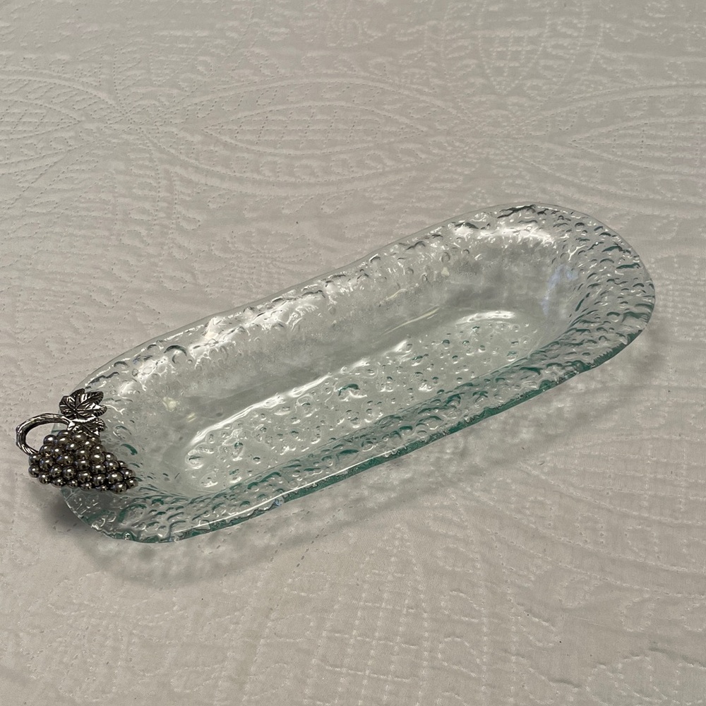 Like New Oblong Green Glass Bubble Texture Serving Dish with Metal Grape Emblem